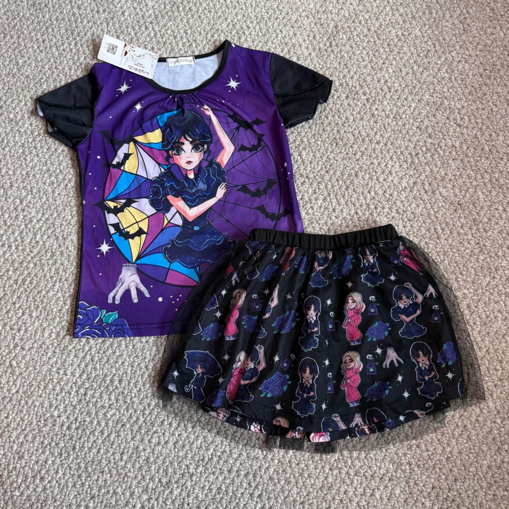 Wednesday Addams Graphic T-Shirt and Tulle Tutu Skirt Set Kids Size 10/12